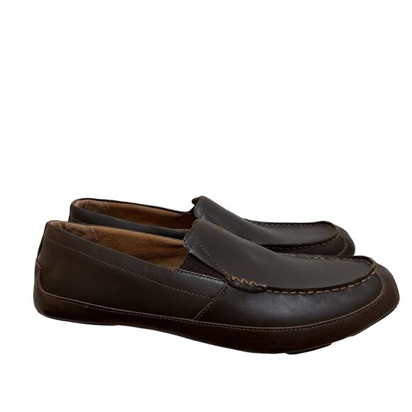 OluKai Mens Akepa Moc Slip On Leather Loafers US 14 EU 47 Brown Driving Shoes - Picture 1 of 12